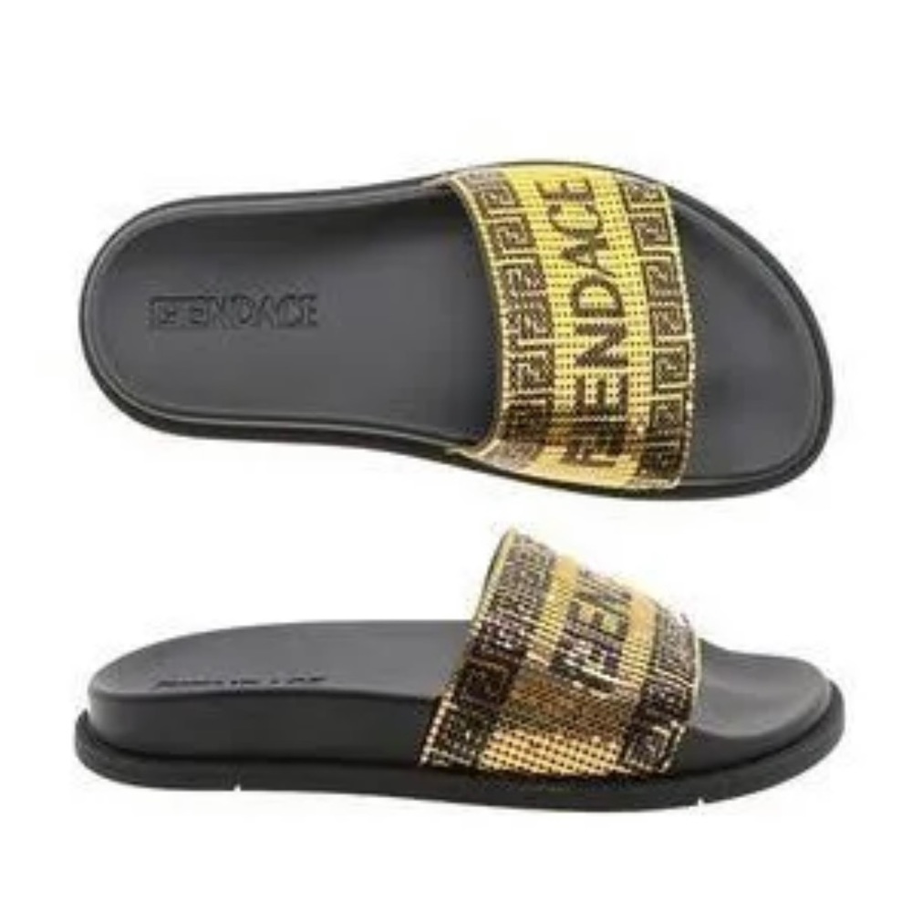 NWT FENDI NIB BLK/GOLD METAL MESH LOGO POOL SLIDES MADE IN ITALY 38EU 7.5 - Picture 6 of 14
